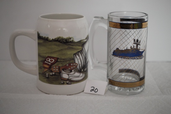 2 Mugs, Ceramic Golf Mug-5 1/4"H, Glass Royal Carribean Cruise Line Mug-Sovereign Of The Seas