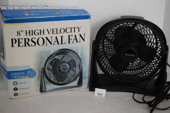 8" Personal Fan, Massey, 3 Speed, Plastic, Works, New But Box Is Damaged