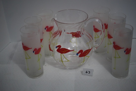 Flamingo Pitcher & 6 Glasses, Plastic, Pitcher 8" x 6 1/2" Round At Center