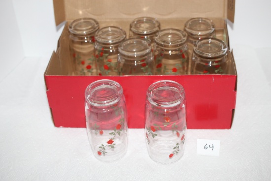 Set Of 9, Vintage Red Rose Drinking Glasses, Flowered Print, 5"