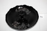 Black Glass Tray Dish With Center Handle, With Painted Silver Décor, 9