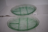 2 Cherry Blossom Divided Platters, Green Depression Glass, 13 1/4