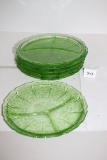 6 Cherry Blossom Grill Plates, Green Depression Glass, 9 1/4