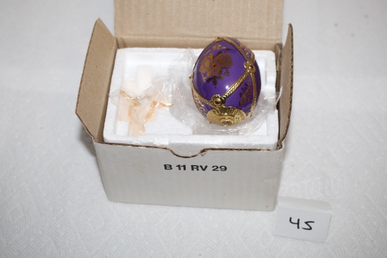 Faberge Imperial Crest Purple Jeweled Egg, Collection By The Franklin Mint, 2 1/2", Writing on box