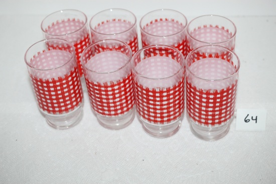 Set Of 8 Gingham Juice Glasses, 4" x 2 1/4" Round