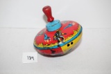 Vintage 1965 Buck Rogers Metal Push Down Spinning Top Toy With Wooden Handle, 5