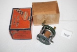 Shakespeare Sportcast Fishing Reel With Box, #1973, Model GE, Corner of box separated & writing