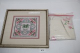 Vintage Needle Point Table Cloth & Vintage Framed & Matted Needle Point