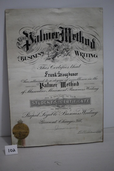 1911 Palmer Method Of Business Writing Student's Certificate, 16 1/2" x 11 1/2"