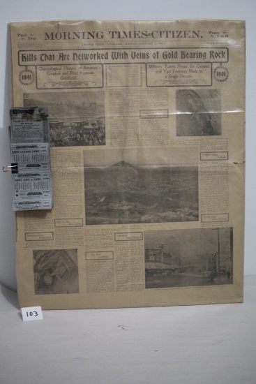 Midland Terminal Ry Co. Railway Ticket & Newspaper From Cripple Creek Colorado dated 1901
