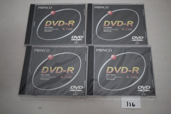 4 New DVD's, DVD-R, For Data, DVD Recordable Disc., General, 4.7 GB Each, Princo, Sealed