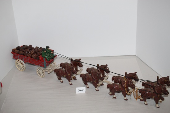 Cast Iron 8 Horse Hitch & Wagon, Wood Barrels, 30" x 3 3/4"W