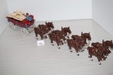Cast Iron 8 Horse Hitch & Wagon, Wood Sticks, 30