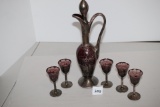 Decanter Set With 5 Glasses, Glass & Metal?, Decanter 12 3/4