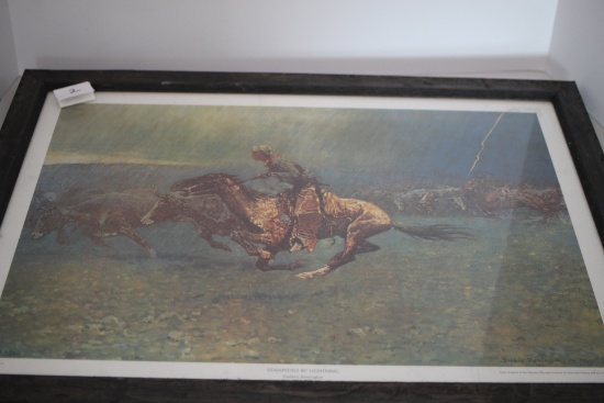 Framed Under Glass Frederic Remington, Stampeded By Lightning Print, 1908, A.A. Inc.