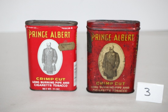 2 Vintage Prince Albert Crimp Cut Tobacco Tin Cans, RJ Reynolds Tobacco Co., 4 1/2" x 3"