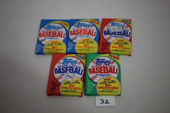 5 Packs Topps Baseball Cards, 1988-1990, Unopened