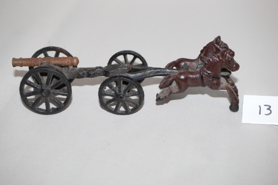 Vintage Cast Iron Horse Drawn Cannon, 8 3/4"