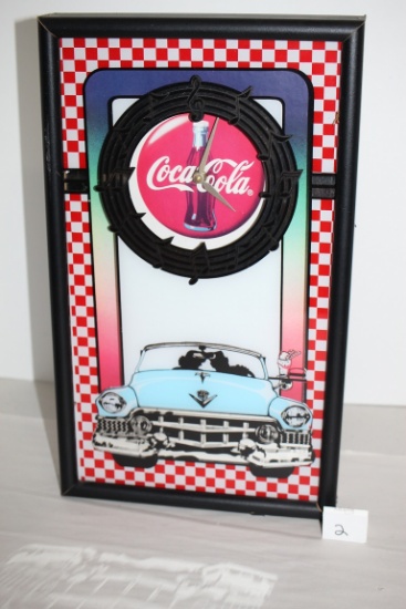Coca Cola Clock, Battery Operated, Glass & Wood, 17" x 10"
