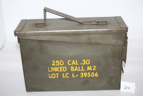 Military Ammunition Box, Metal, 250 Cal .30, Linked Ball M2, Lot LC L-39506, 10" x 3 3/4" x 7"H