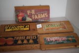 Assorted Crate Labels On Wood, Screw Eyes For Hanging