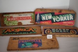 Assorted Crate Labels On Wood, Screw Eyes For Hanging