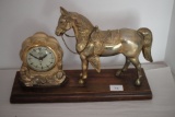 United Clock Corp. Horse Clock On Wood Base, United Self Starting Clock, Metal Horse & Clock