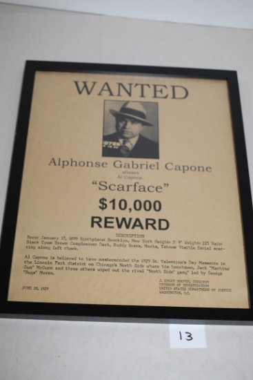 Framed Al Capone Wanted Poster, 14 3/4" x 12" Including Frame