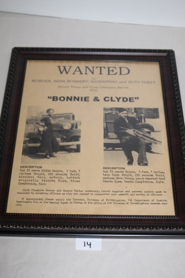 Framed Bonnie & Clyde Wanted Poster, 16 1/4" x 13 1/4" Including Frame