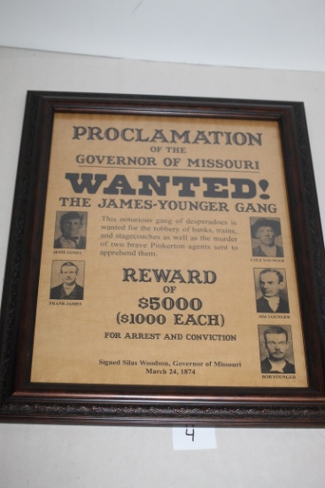Framed The James-Younger Gang Wanted Poster, 16 1/4" x 13 1/4" Including Frame