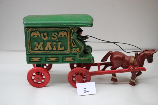 Cast Iron Horse Drawn US Mail Wagon With Driver, #128, 11 1/4" L