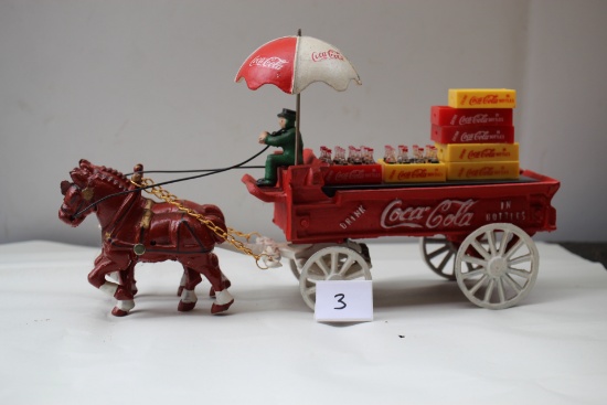 Cast Iron Coca Cola Horse Drawn Wagon With Umbrella, Driver, Cases, 14 1/2"L