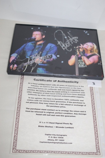 Blake Shelton & Miranda Lambert Framed & Signed Picture, COA, 8 1/2" x 11" Including Frame