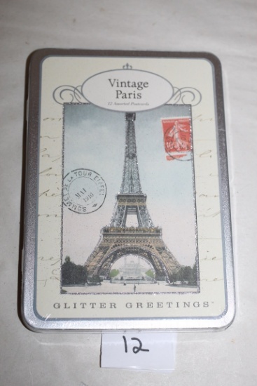 Vintage Paris Postcards In Metal Case, 12 Postcards, Glitter Greetings, Sealed