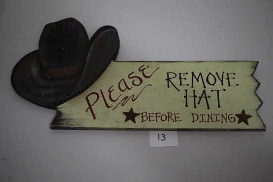 Please Remove Hat Before Dining Wall Hanging, Wood, 15" x 7 1/2"
