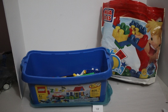 Assorted Legos With Plastic Bin, Bin-13 3/4" x 8" x 6", Mega Bloks, Pieces Not Verified