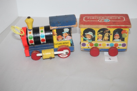 Vintage Fisher Price Playland Express Pull Toy Train, #192, Wood, Metal, Plastic, 13"L