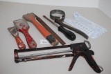 Assorted Tools, Caulking Gun, Scrapers, Screwdriver, Filter Wrench, Hardware Gauge
