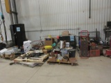 LOT ASST'D HAND TOOLS, TOOL RACKS, TOOL BOXES, METAL TABLE, CABLE, (BUILDING IN BACK)
