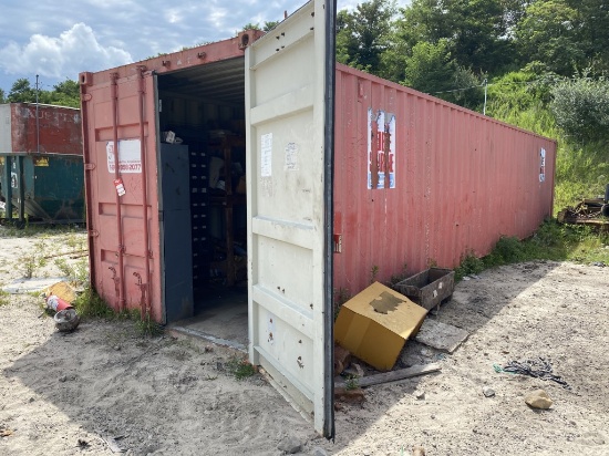 40' STEEL STORAGE CONTAINER FULL OF NEW FILTERS, HARDWARE, AND PARTS, HAS SHELVING & LIGHT