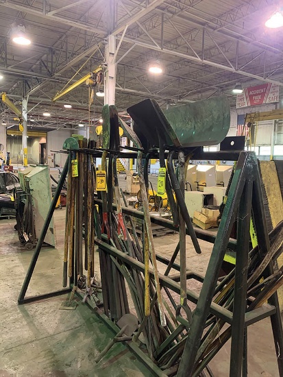 STEEL RACK AND CONTENTS, SHOVELS, FLOOR SCRAPERS, AND SPUD BARS