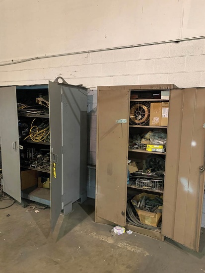 CONTENTS OF WALL INCL. (5) CABINETS AND CONTENTS OF ASSORTED USED WELDER PARTS, (1) FLAMMABLE