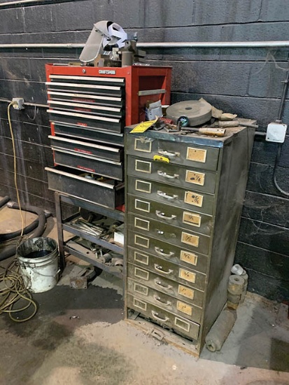 CABINET, TOOL BOX, SHELF AND CONTENTS OF ALLEN BOLTS, ALL THREAD, AND DRILL BITS