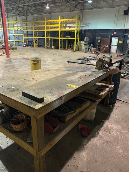 (2) WOODEN WORK BENCHES AND CONTENTS OF 8'' BENCH GRINDER, WILTON VISE, AND TOOLING