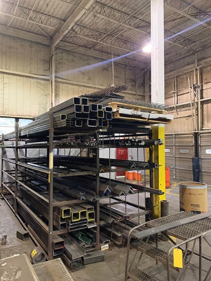 CUSTOM STEEL STOCK RACK AND CONTENTS OF STEEL SQUARE TUBING AND ANGLE IRON