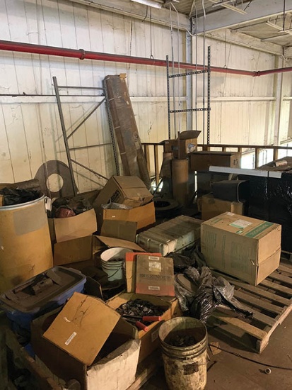 CONTENTS OF LOFT INCL. ASSORTED HARD HATS, FIRE PROOF CABINET, PEDESTAL FAN, MISC. PARTS
