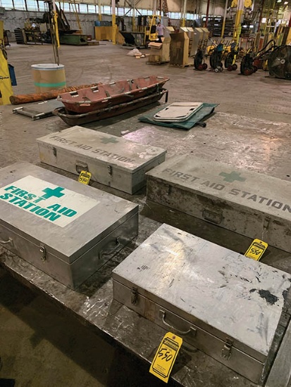 ASSORTED SAFETY/FIRST AID SUPPLIES INCL. CPR DUMMY, FIRST AID BOXES AND STRETCHERS