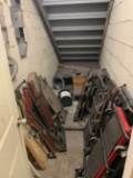 CONTENTS OF STAIR WELL INCL. SHOP CREEPERS AND STEEL SHELVING