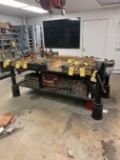WELDING TABLE 4' X 8' X 1/2'', WORK SURFACE, 34'' HEIGHT, W/ REED BENCH VISE, AND ASSORTED BOLT