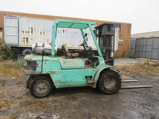 MITSUBISHI FORKLIFT, 7,800 LB. CAP., LPG, DUAL FRONT WHEELS, 3-STAGE MAST, 187'' MAX. LOAD HT.,